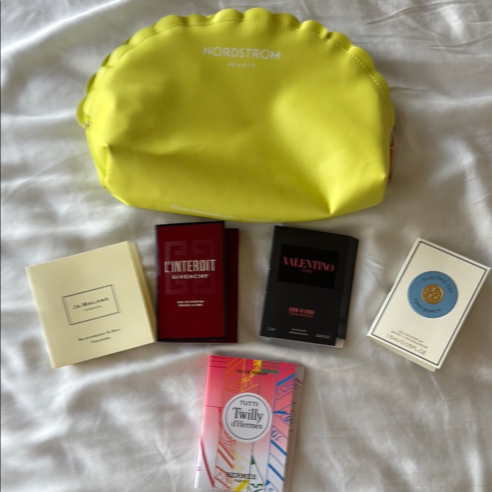 Nordstrom Beauty Yellow Cosmetic Bag with Fragrance Samples